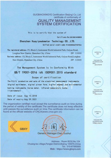 China Shenzhen Huayi Peakmeter Technology Co., Ltd. Certification