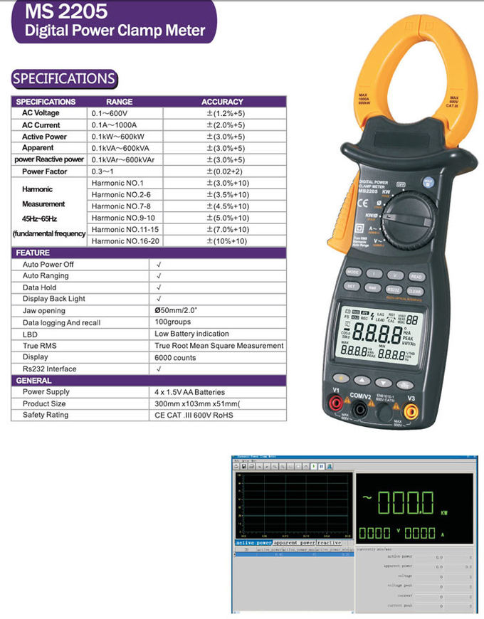 High Accuracy Digital Power Clamp Meter With 0.1 1000A Current