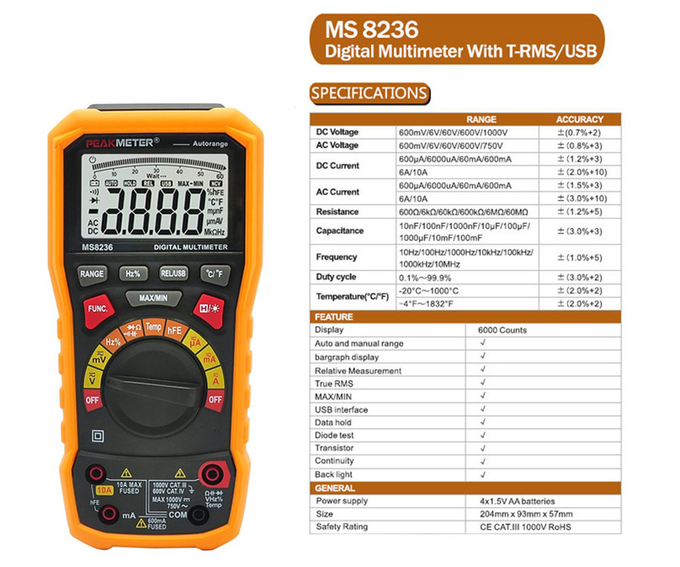 Professional Auto Range Digital Multimeter With USB Interface And TRMS